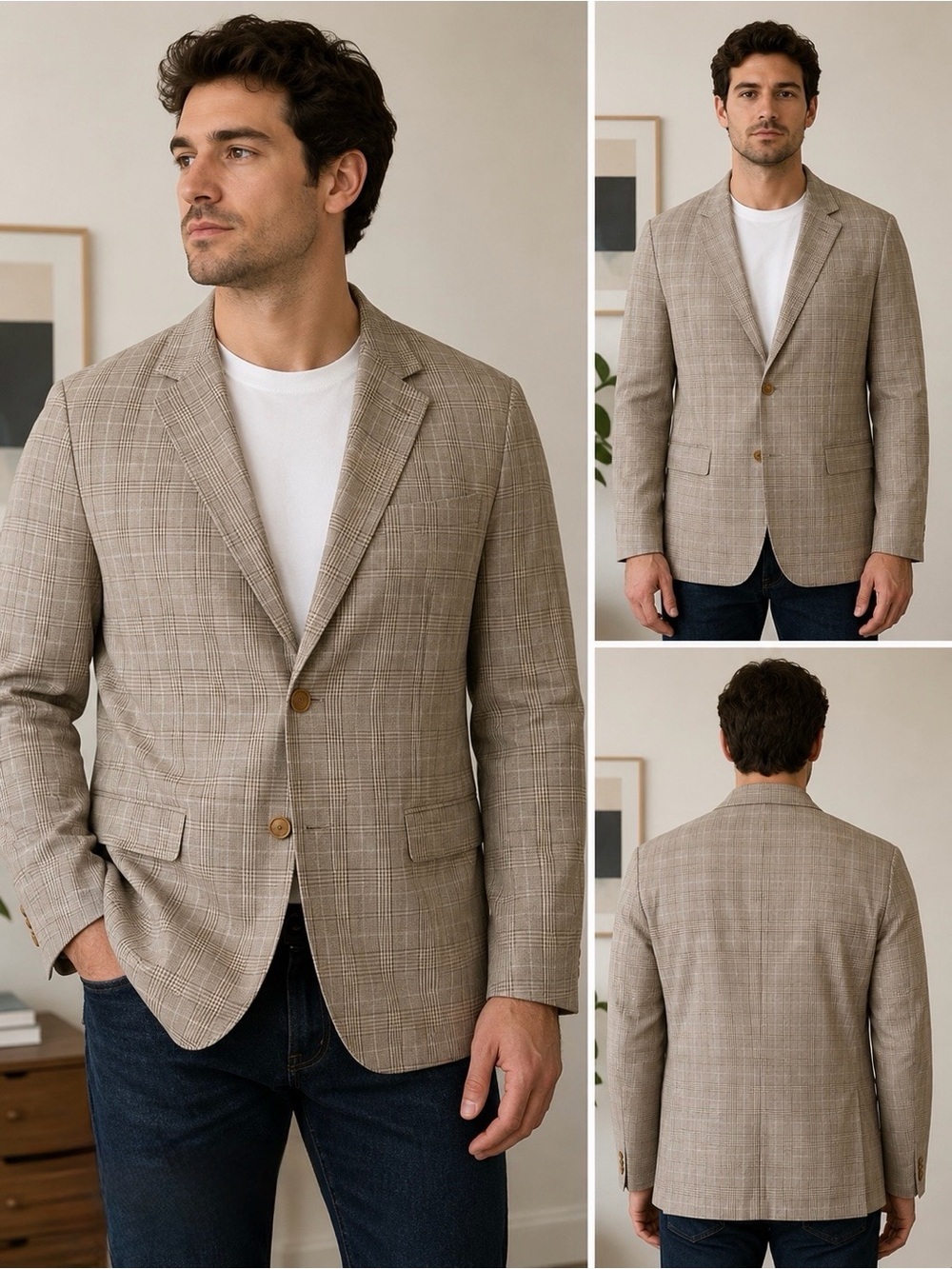 Canali Tan and Gray Glen Plaid Men Jacket Size L, Made in Italy